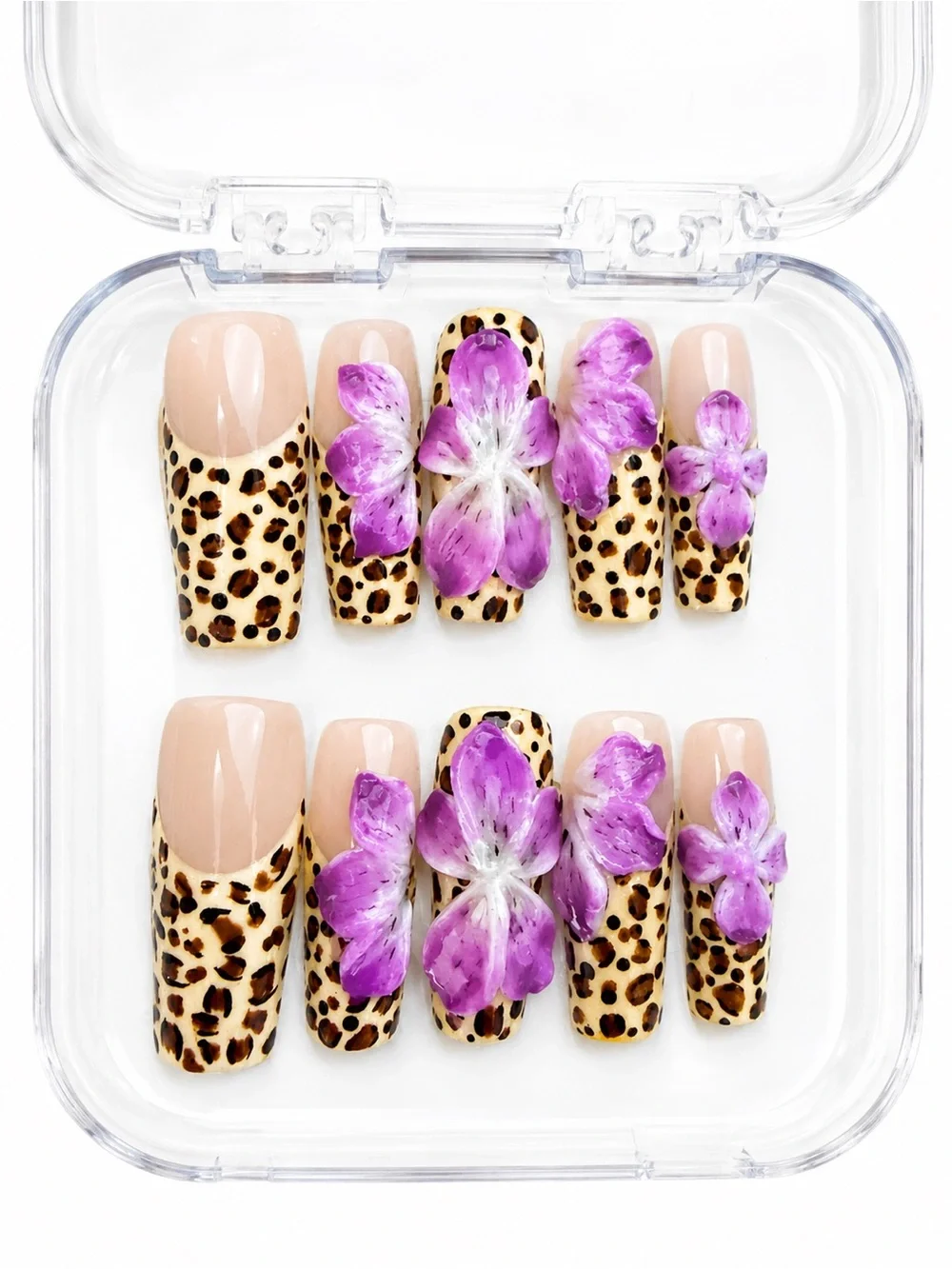 Nude Leopard Press-On Nails with Purple Floral Accents